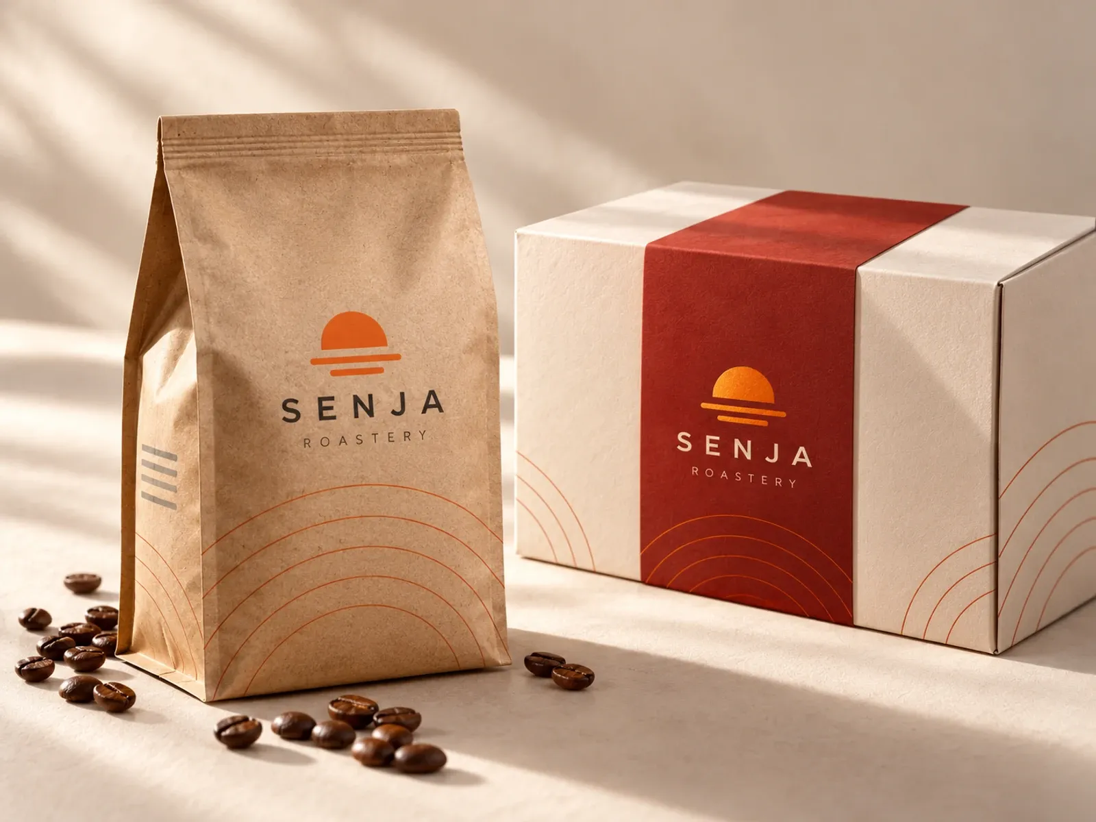 Brand Merchandise Kit, concept image: Senja packaging with the brand shape and colours