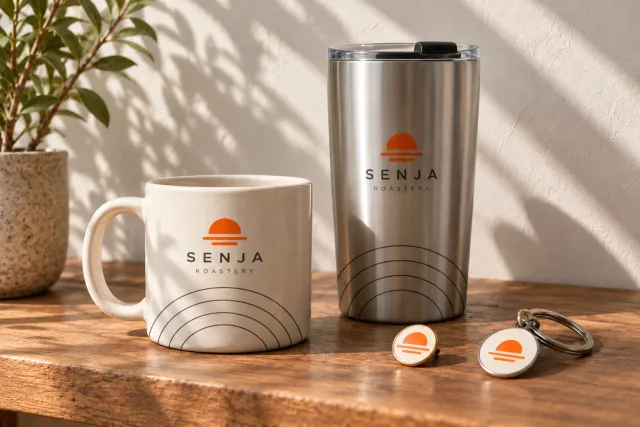 Concept image: a branded mug, tumbler, enamel pin and keychain