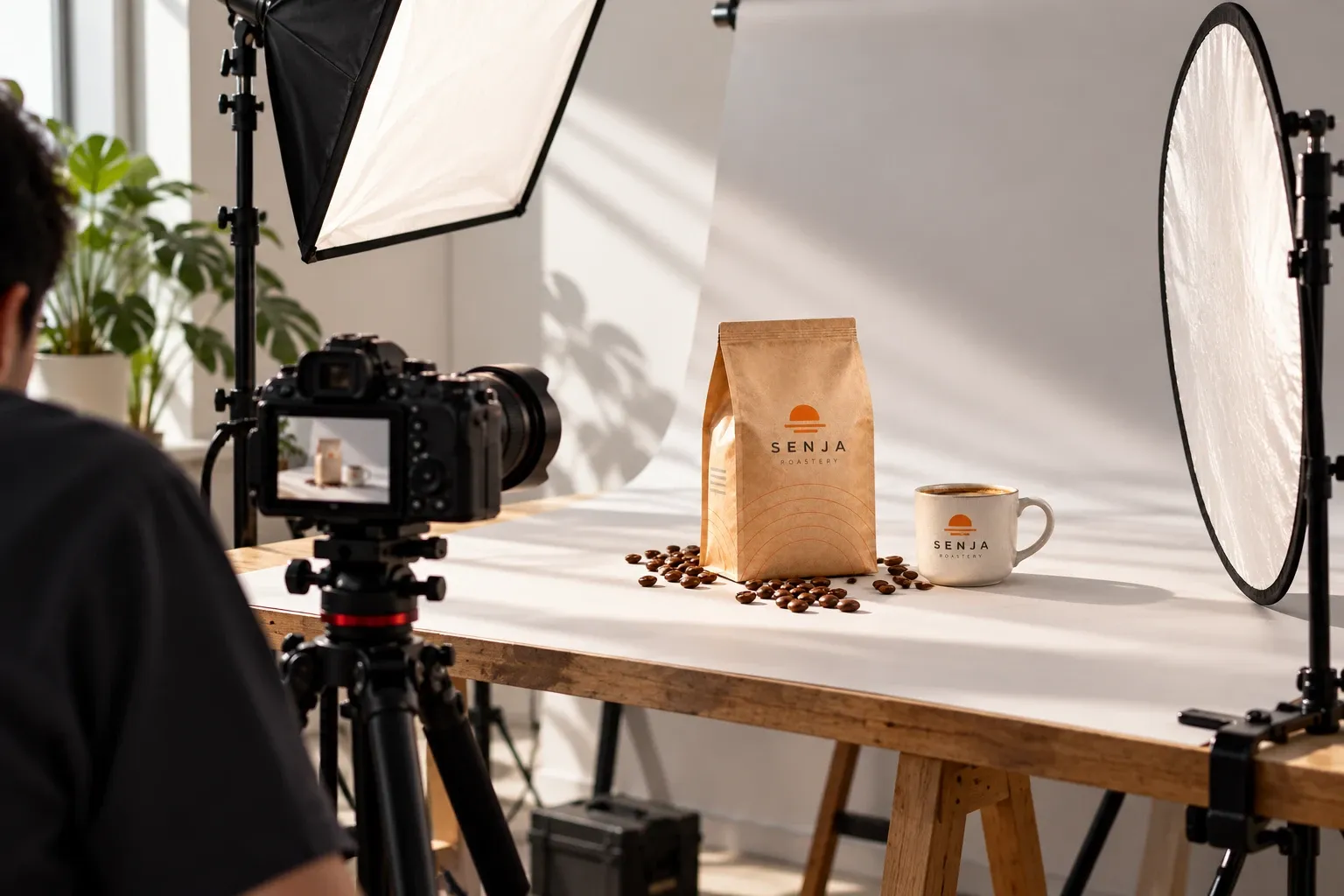 Campaign Shoot Day, concept image: a camera on a tripod, a softbox and a reflector set up around a coffee bag and cup