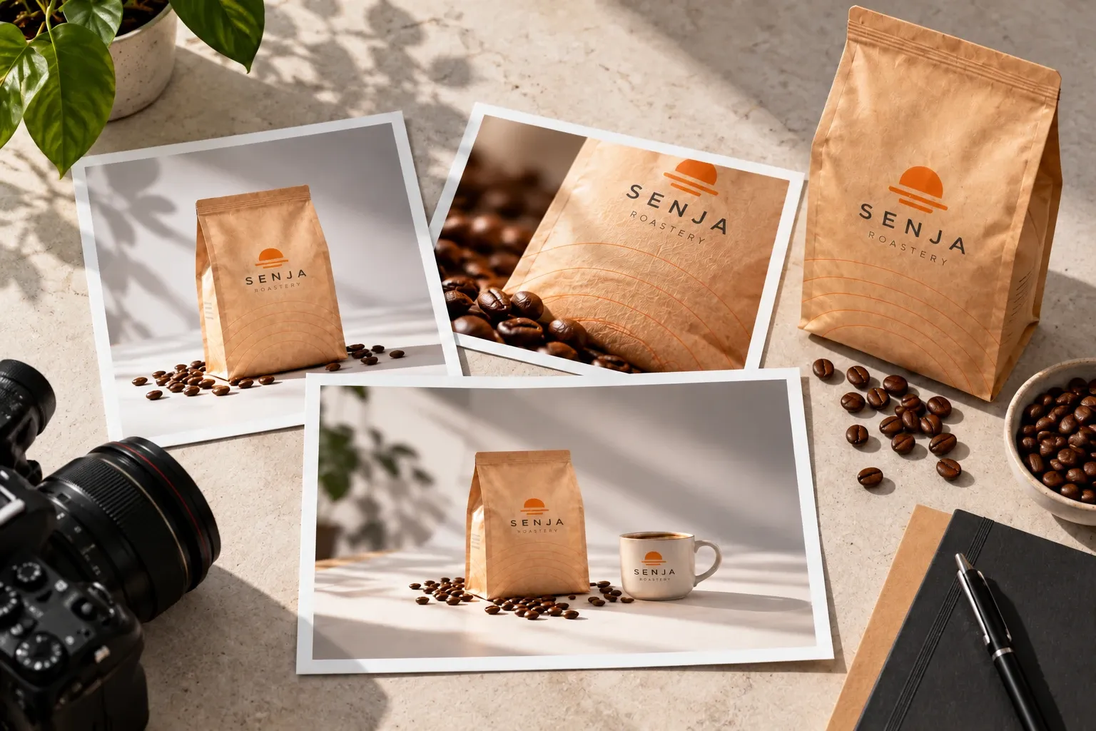 Campaign Shoot Day, concept image: three printed selects from the same shoot, a packshot, a detail and a lifestyle frame, beside the coffee bag