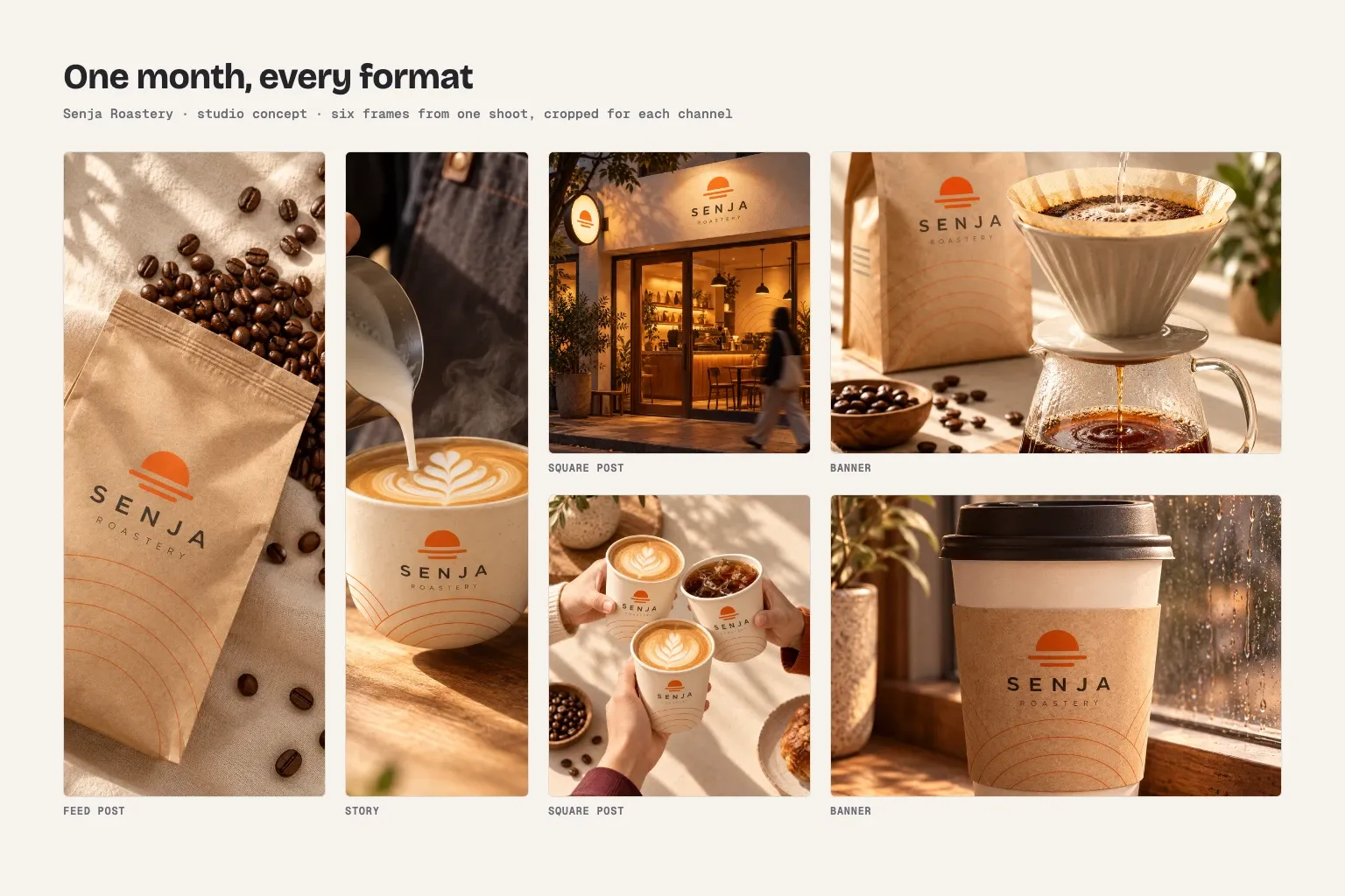 Monthly Content System, concept image: six frames from one shoot, cropped for feed, story, square and banner