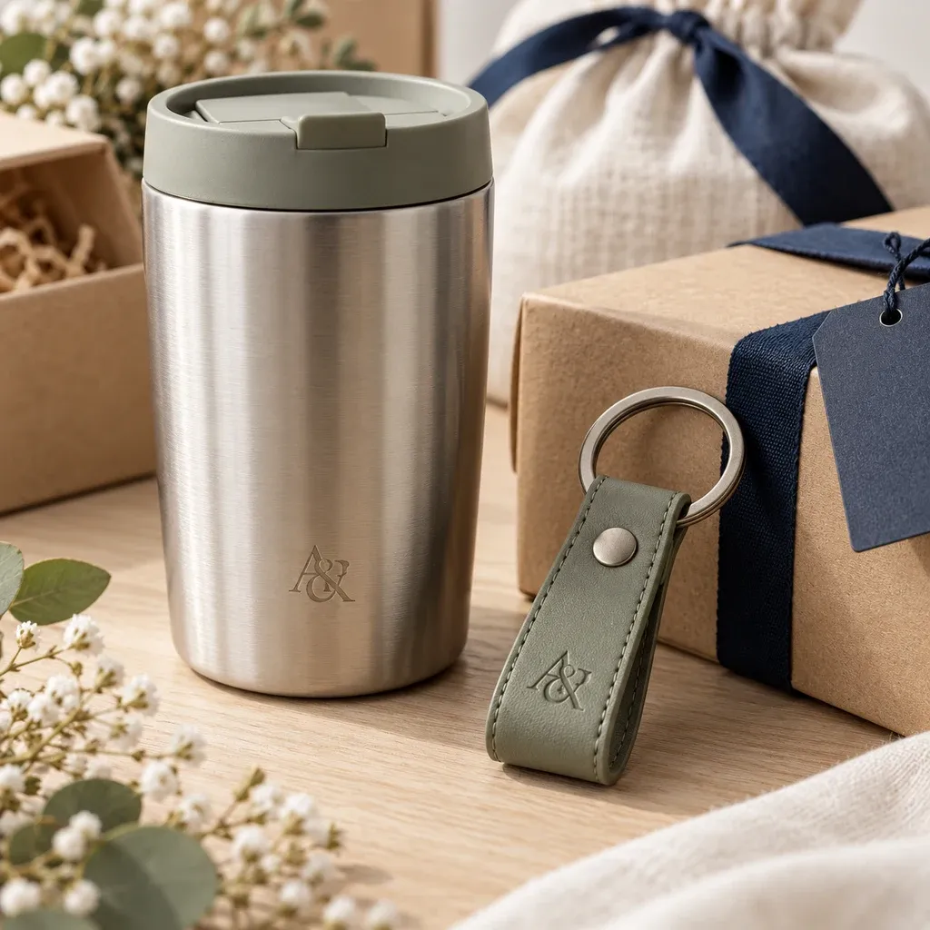 Wedding & Event Souvenir Set, concept image: an engraved tumbler and a leather keychain up close