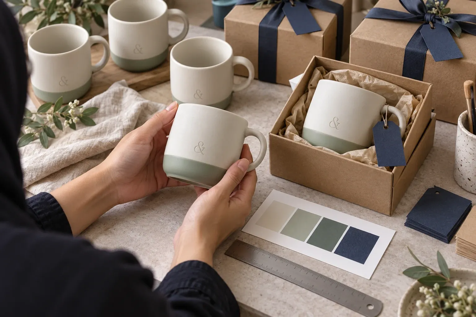 Wedding & Event Souvenir Set, concept image: a sample mug checked against colour swatches before production