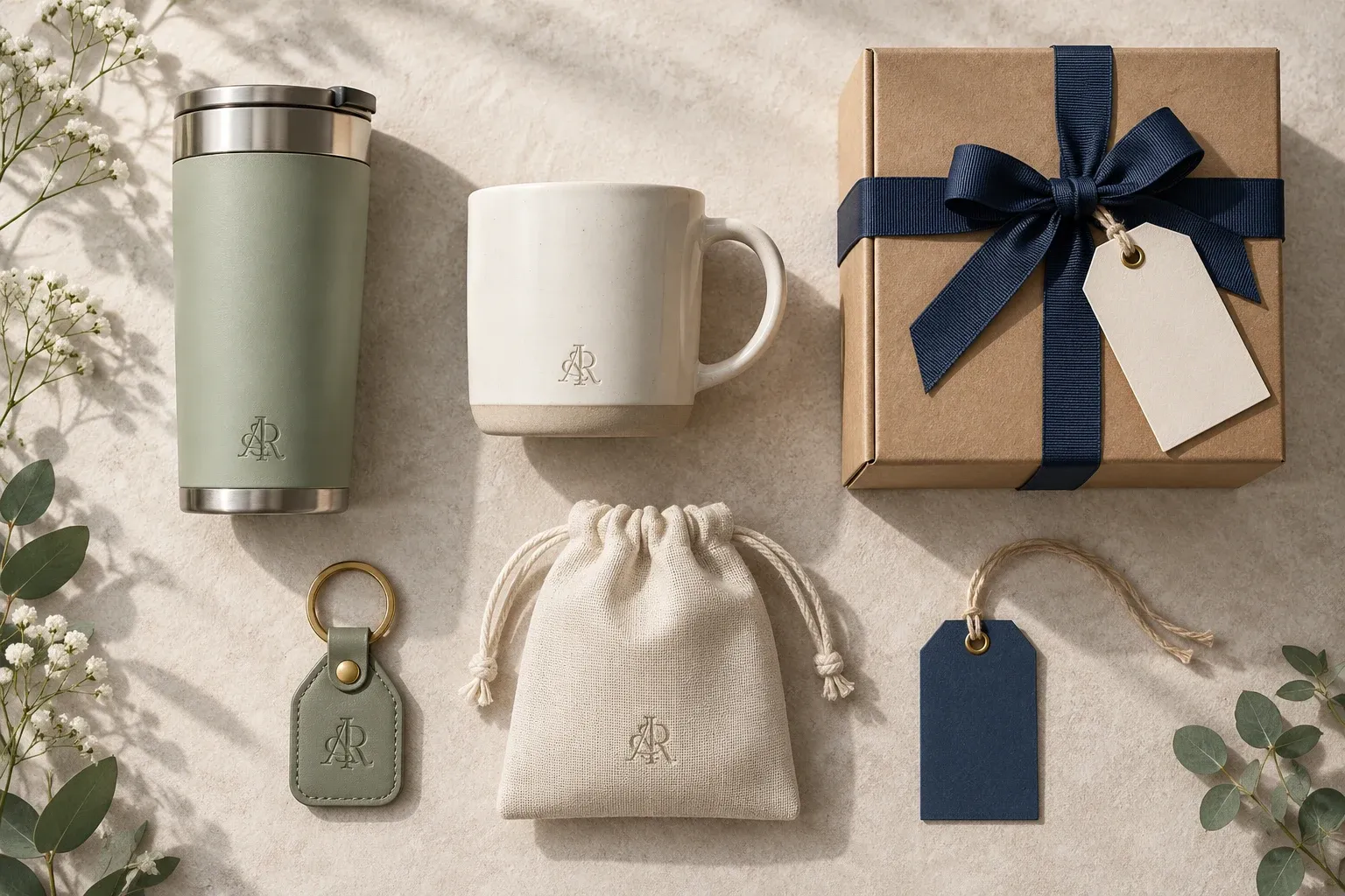 Wedding & Event Souvenir Set, concept image: tumbler, mug, keychain, pouch and a ribboned gift box